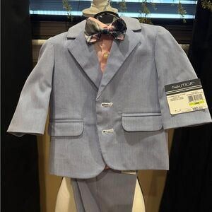 Nautica Light Blue Pinstripe Boys' Suit Jacket with Pink Shirt & Plaid Bow Tie